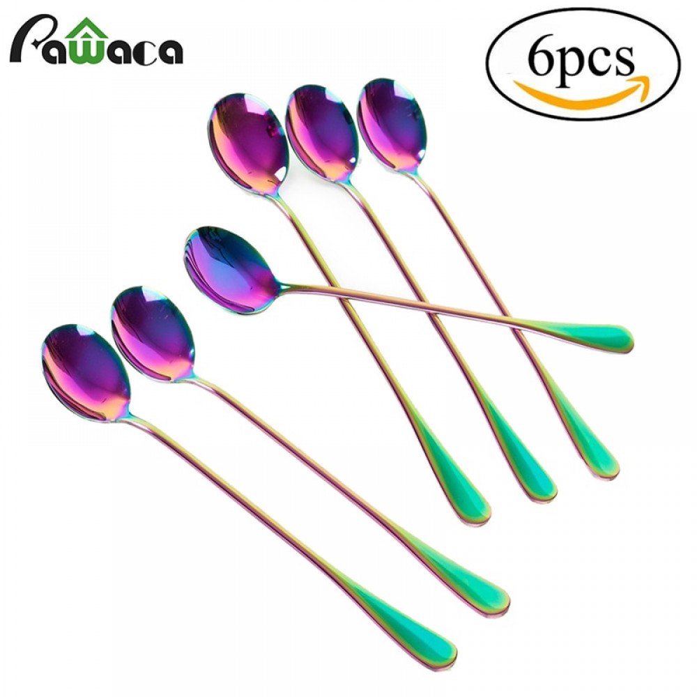 6Pcs/lot Stainless Steel Long-handled Spoon Rainbow Dessert Ice Cream Coffee Spoon Stirring Teaspoons Coffee Spoon Flatware Set