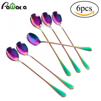 6Pcs/lot Stainless Steel Long-handled Spoon Rainbow Dessert Ice Cream Coffee Spoon Stirring Teaspoons Coffee Spoon Flatware Set