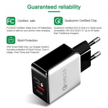 Universal QC3.0 USB Charger EU Plug 18W Quick Charge 3.0 Fast Adapter Wall Mobile Phone Charger for xiaomi huawei Samsung S8 S9