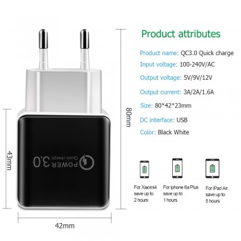 Universal QC3.0 USB Charger EU Plug 18W Quick Charge 3.0 Fast Adapter Wall Mobile Phone Charger for xiaomi huawei Samsung S8 S9