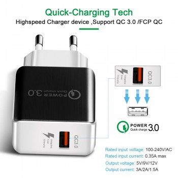 Universal QC3.0 USB Charger EU Plug 18W Quick Charge 3.0 Fast Adapter Wall Mobile Phone Charger for xiaomi huawei Samsung S8 S9