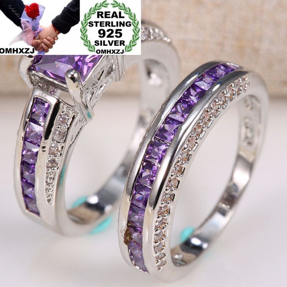 OMHXZJ Wholesale European Fashion Woman Man Party Wedding Gift Square Amethyst AAA Zircon 925 Sterling Silver Ring Set RR76