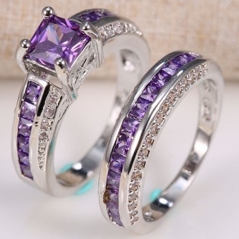 OMHXZJ Wholesale European Fashion Woman Man Party Wedding Gift Square Amethyst AAA Zircon 925 Sterling Silver Ring Set RR76