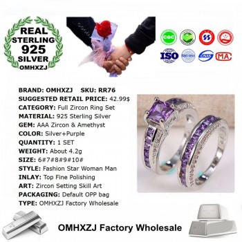 OMHXZJ Wholesale European Fashion Woman Man Party Wedding Gift Square Amethyst AAA Zircon 925 Sterling Silver Ring Set RR76