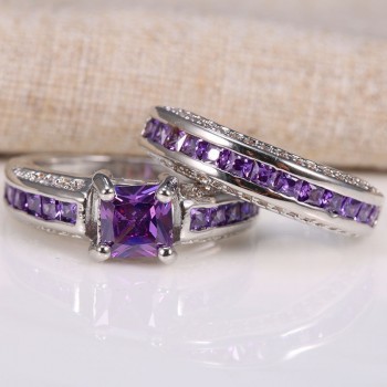 OMHXZJ Wholesale European Fashion Woman Man Party Wedding Gift Square Amethyst AAA Zircon 925 Sterling Silver Ring Set RR76