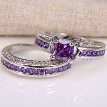 OMHXZJ Wholesale European Fashion Woman Man Party Wedding Gift Square Amethyst AAA Zircon 925 Sterling Silver Ring Set RR76