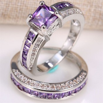 OMHXZJ Wholesale European Fashion Woman Man Party Wedding Gift Square Amethyst AAA Zircon 925 Sterling Silver Ring Set RR76