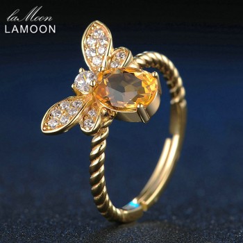 LAMOON Bee 5x7mm 1ct Natural Oval Citrine 925 Sterling Silver Jewelry Wedding Ring with 14K Gold Plated S925 For Women LMRI019