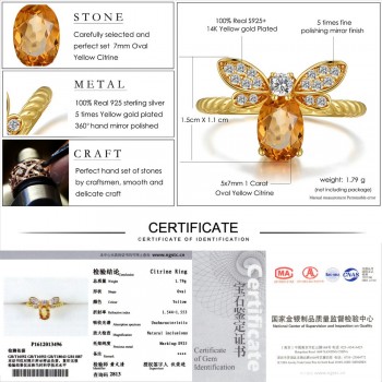 LAMOON Bee 5x7mm 1ct Natural Oval Citrine 925 Sterling Silver Jewelry Wedding Ring with 14K Gold Plated S925 For Women LMRI019