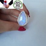 OMHXZJ Wholesale European Fashion Woman Man Party Wedding Gift Silver White Water Drop Moonstone 925 Sterling Silver Ring RR34