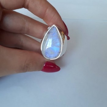 OMHXZJ Wholesale European Fashion Woman Man Party Wedding Gift Silver White Water Drop Moonstone 925 Sterling Silver Ring RR34