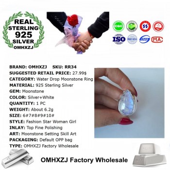 OMHXZJ Wholesale European Fashion Woman Man Party Wedding Gift Silver White Water Drop Moonstone 925 Sterling Silver Ring RR34