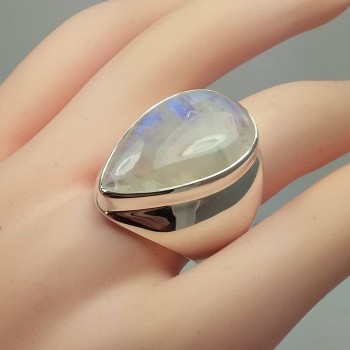 OMHXZJ Wholesale European Fashion Woman Man Party Wedding Gift Silver White Water Drop Moonstone 925 Sterling Silver Ring RR34