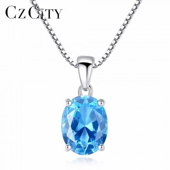 CZCITY Sky Blue Topaz Stone Pendant 2.3 Carat Oval Shape Solitaire Natural Topaz 925 Sterling Silver Chain Necklace for Women