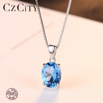 CZCITY Sky Blue Topaz Stone Pendant 2.3 Carat Oval Shape Solitaire Natural Topaz 925 Sterling Silver Chain Necklace for Women