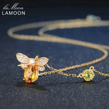 LAMOON Bee 5x7mm 1ct 100% Natural Citrine 925 Sterling Silver Jewelry 14K Yellow Gold Plated Chain Pendant Necklace S925 LMNI015