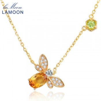 LAMOON Bee 5x7mm 1ct 100% Natural Citrine 925 Sterling Silver Jewelry 14K Yellow Gold Plated Chain Pendant Necklace S925 LMNI015