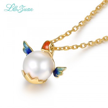 Lamp;zuan Love Heart Angel Pendant Real Enamel Natural Cultured Freshwater Pearl 18K Yellow Gold Necklace Fine Jewelry Valentines