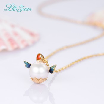 Lamp;zuan Love Heart Angel Pendant Real Enamel Natural Cultured Freshwater Pearl 18K Yellow Gold Necklace Fine Jewelry Valentines