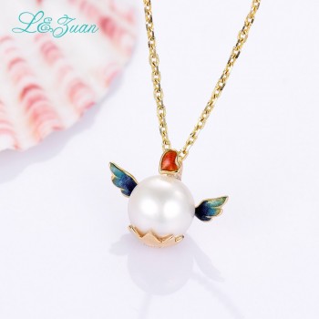 Lamp;zuan Love Heart Angel Pendant Real Enamel Natural Cultured Freshwater Pearl 18K Yellow Gold Necklace Fine Jewelry Valentines