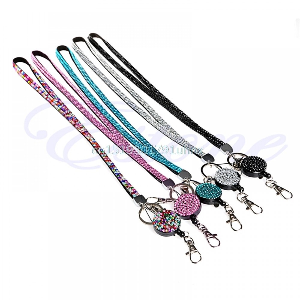 Neck Lanyard Retractable ID Badge Reel Crystal Rhinestone Phone Key Holder