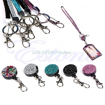 Neck Lanyard Retractable ID Badge Reel Crystal Rhinestone Phone Key Holder