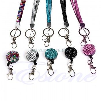 Neck Lanyard Retractable ID Badge Reel Crystal Rhinestone Phone Key Holder