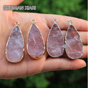 Wholesale 1 PCS Unique Water Drop Shape Rose Pink Quartz Crystal Natural Stone Pendant  DIY Fit Necklace  For Jewelry Making