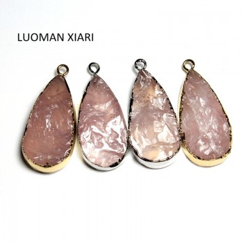 Wholesale 1 PCS Unique Water Drop Shape Rose Pink Quartz Crystal Natural Stone Pendant  DIY Fit Necklace  For Jewelry Making