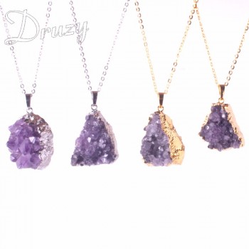 Druzy Irregular Random Natural Amethysts Quartz Geode Cut Necklace Crystal Piont Stone Pendant Natural Drusy Stone Healing 1pcs