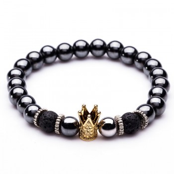 Charm Natural stone bracelets High quality Goldenamp;Black Crown Dumbbells Mens bracelets Hematite Beads Bracelet For Women Men