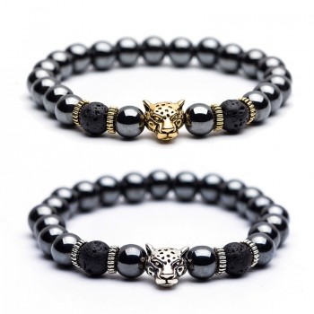 High quality Natural stone Mens bracelets Charm Lucky Tiger Leopard Hematite Goldenamp;Silver Elastic Bracelets for women amp; men