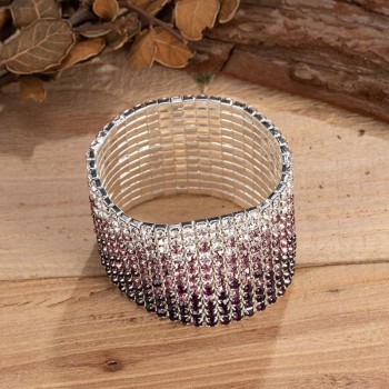 12 Rows Clear and Purple Crystal Rhinestone Bangle Bracelet Silver Plated Wedding Bridal Wide Crystal Stretch Bracelet for Women