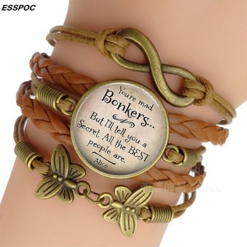 Womens Fashion Brown Leather Bracelets Alice In Wonderland Quote Print Glass Cabochon Bracelet Bangle Women Fashion Accessories