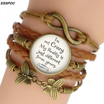 Womens Fashion Brown Leather Bracelets Alice In Wonderland Quote Print Glass Cabochon Bracelet Bangle Women Fashion Accessories