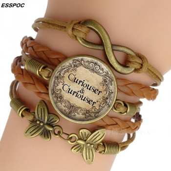 Womens Fashion Brown Leather Bracelets Alice In Wonderland Quote Print Glass Cabochon Bracelet Bangle Women Fashion Accessories