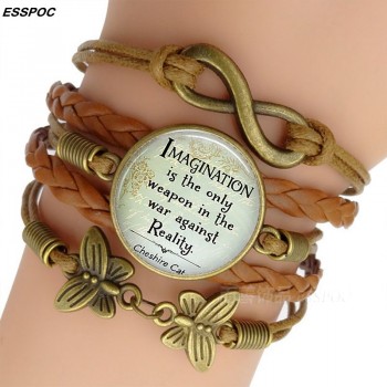 Womens Fashion Brown Leather Bracelets Alice In Wonderland Quote Print Glass Cabochon Bracelet Bangle Women Fashion Accessories