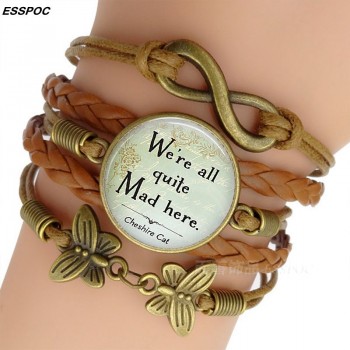 Womens Fashion Brown Leather Bracelets Alice In Wonderland Quote Print Glass Cabochon Bracelet Bangle Women Fashion Accessories