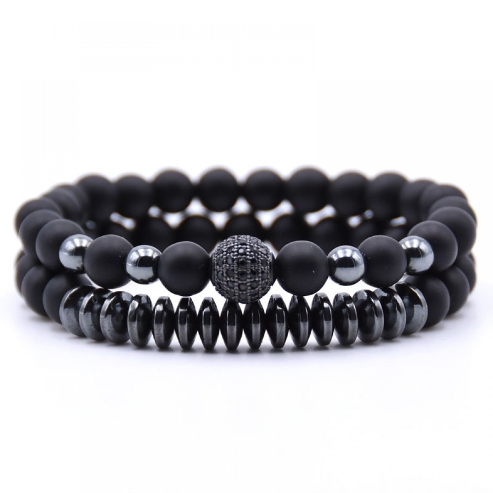 KANGKANG 2PCS/Set Matte Black Natural Stone Bracelet 8mm Elastic Rope Bead  Hematite Bracelet Fashion Men Women charm Jewelry