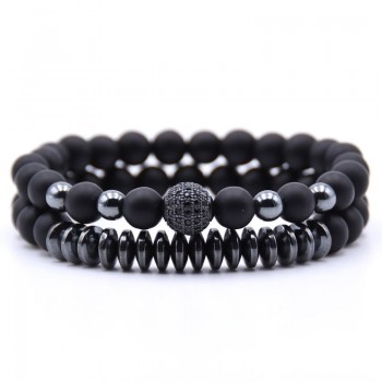 KANGKANG 2PCS/Set Matte Black Natural Stone Bracelet 8mm Elastic Rope Bead  Hematite Bracelet Fashion Men Women charm Jewelry