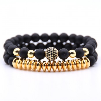 KANGKANG 2PCS/Set Matte Black Natural Stone Bracelet 8mm Elastic Rope Bead  Hematite Bracelet Fashion Men Women charm Jewelry