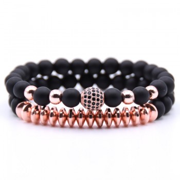 KANGKANG 2PCS/Set Matte Black Natural Stone Bracelet 8mm Elastic Rope Bead  Hematite Bracelet Fashion Men Women charm Jewelry