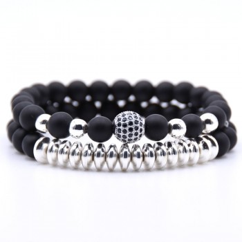 KANGKANG 2PCS/Set Matte Black Natural Stone Bracelet 8mm Elastic Rope Bead  Hematite Bracelet Fashion Men Women charm Jewelry