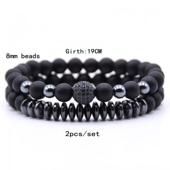 KANGKANG 2PCS/Set Matte Black Natural Stone Bracelet 8mm Elastic Rope Bead  Hematite Bracelet Fashion Men Women charm Jewelry