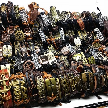 Wholesale lots 30pcs/lot mens real leather bracelets fashion Copper Alloy womens mix different styles handmade cuff jewelry