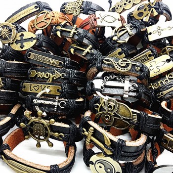 Wholesale lots 30pcs/lot mens real leather bracelets fashion Copper Alloy womens mix different styles handmade cuff jewelry