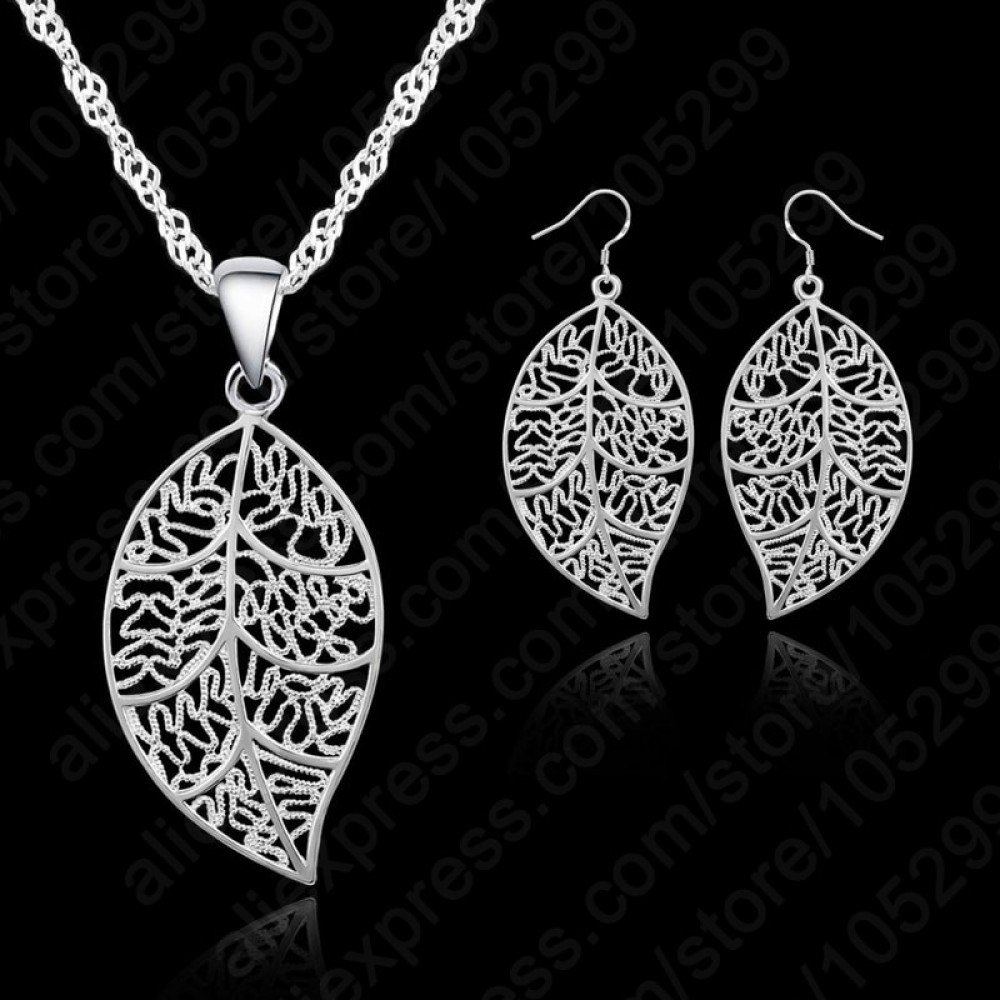 Classic Jewelry Best Genuine 925 Sterling Silver Jewelry Sets leaves Earring Hook And Leaf Pendant Necklaces+18 Singapore Chain