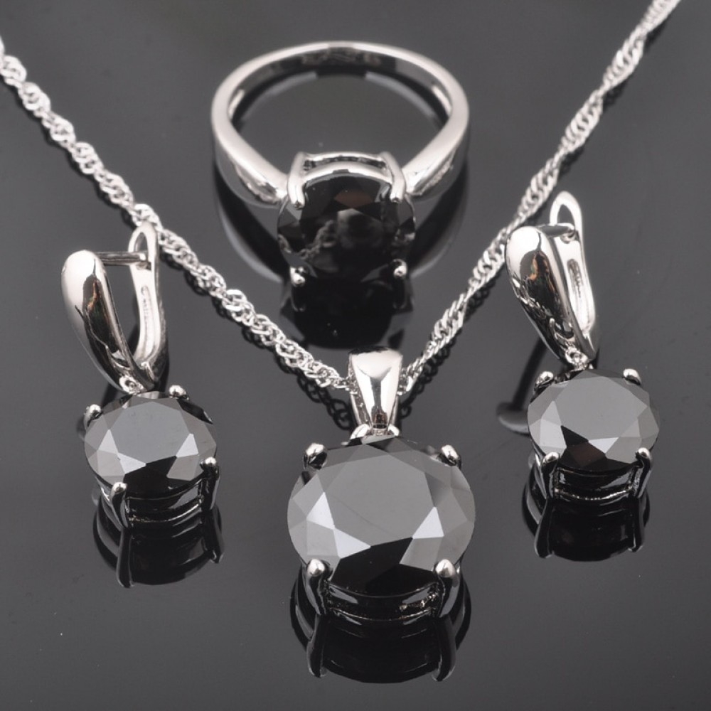 FAHOYO Classic Round Black Zircon Womens 925 Sterling Silver Jewelry Sets Earrings/Pendant/Necklace/Rings Free Shipping QZ0218