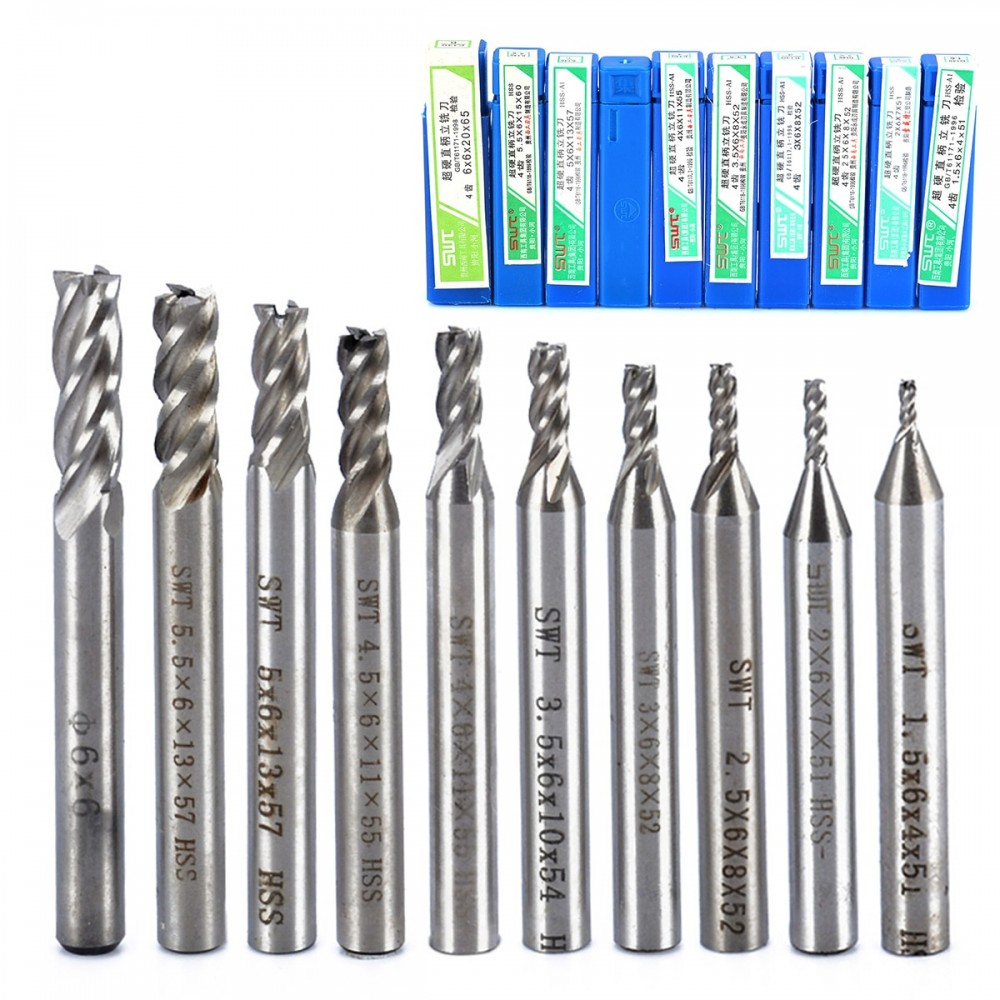 10pcs 4 Flute HSS End Mill Set Straight Shank Aluminum Milling Cutter Tool Set 1.5/2/2.5/3/3.5/4/4.5/5/5.5/6mm