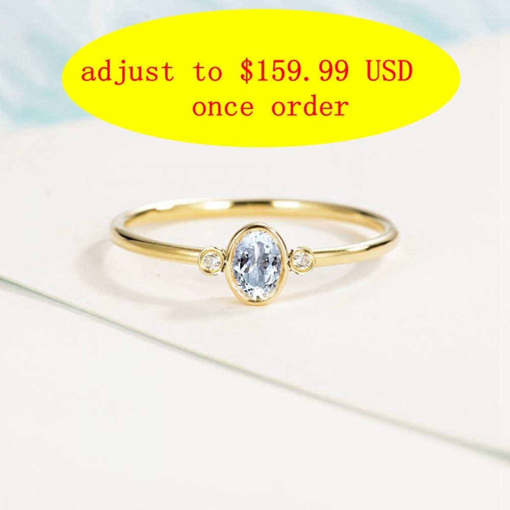 Solid 14k Yellow Gold Ring 4x6mm Oval Cut Natural Aquamarine Diamonds Women Engagement Wedding Ring Trendy Fine Jewelry